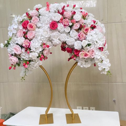 White Curved Flower Arrangement with Gold Centerpiece Stand